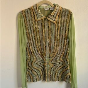Luxe Green and Gold Striped Women's Blouse with mesh sleeves